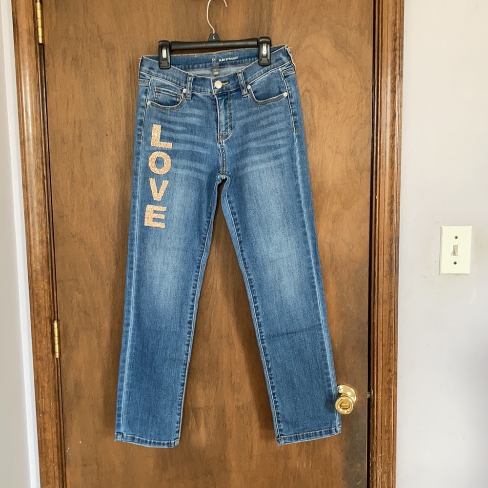 NY & CO slim straight jean with bling LOVE detail size 2 - Picture 7 of 17